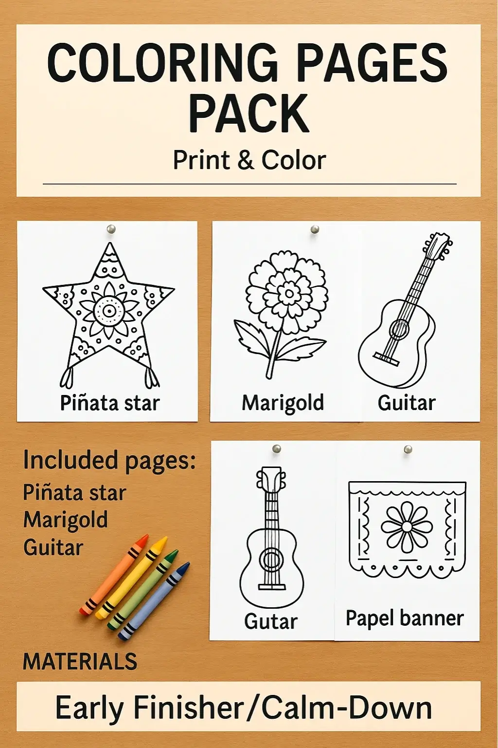 kids Hispanic coloring printables, piñata and guitar coloring