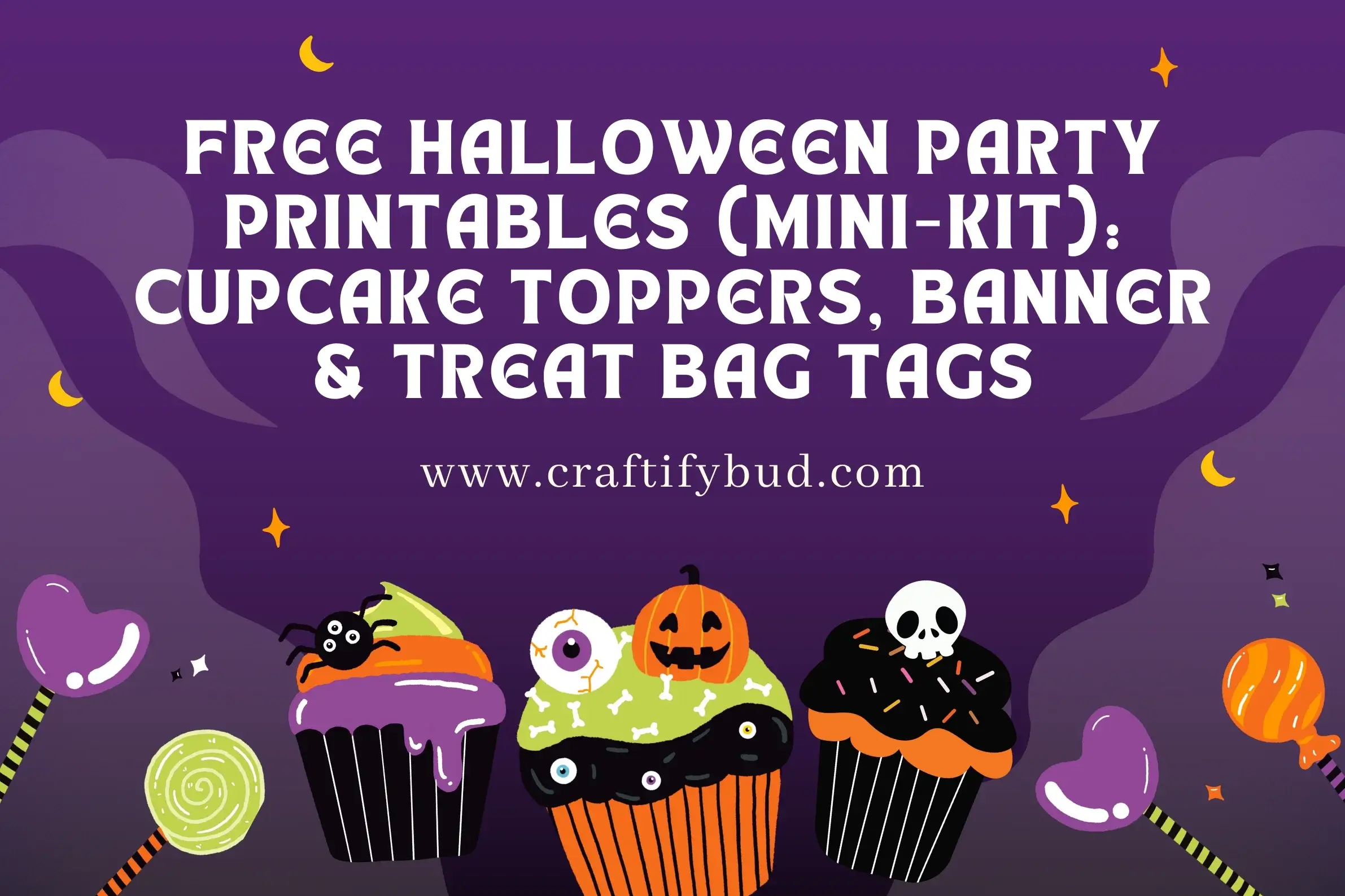 Free Halloween Party Printables (Mini-Kit): Cupcake Toppers, Banner & Treat Bag Tags