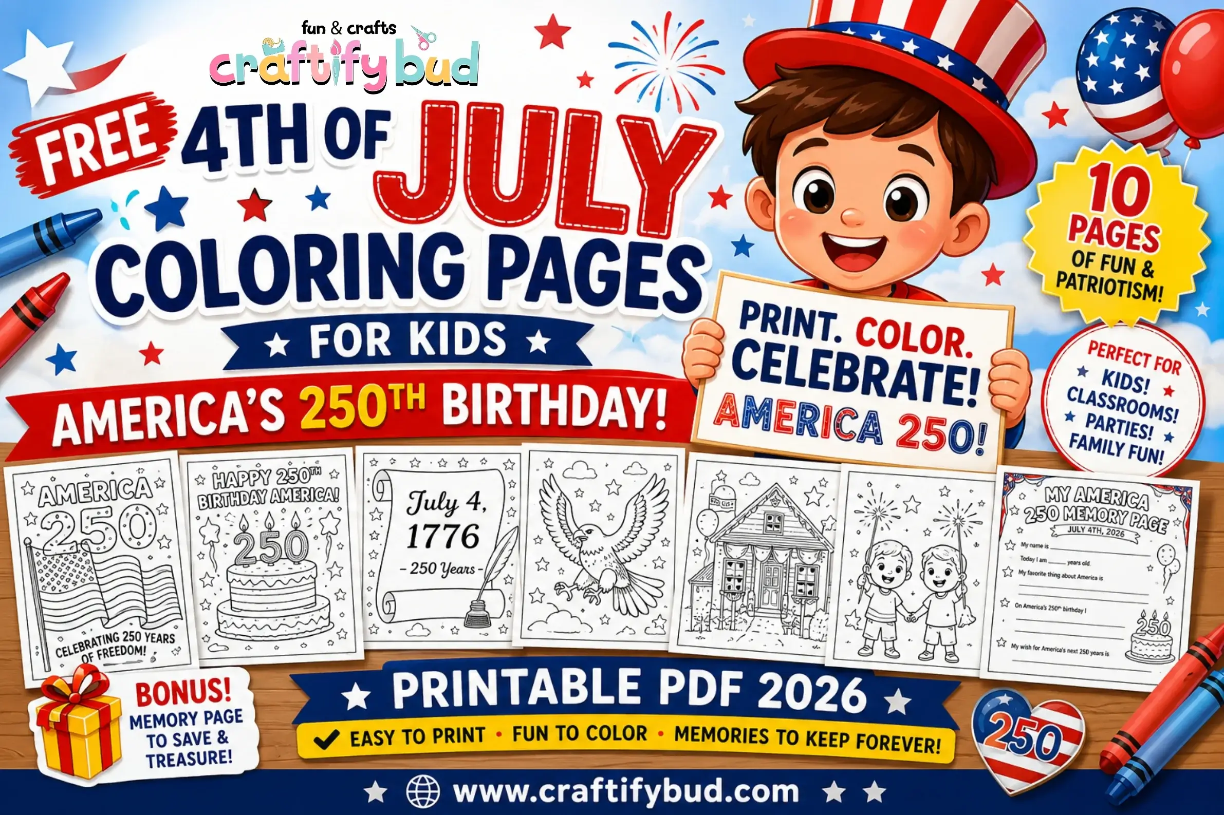 Free 4th of July Coloring Pages for Kids — America’s 250th Birthday (Printable PDF 2026)