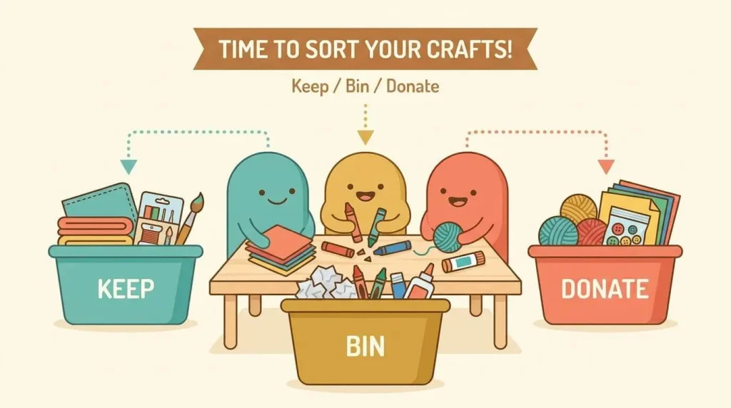 Sorting kids craft supplies into keep bin and donate piles
