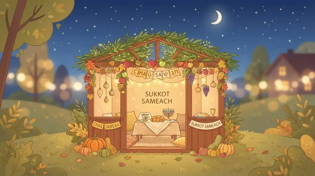 A little sukkah with a leafy roof you can see the sky through
