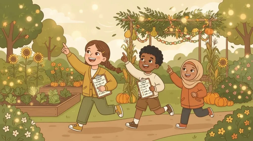 Children racing outside with a Sukkot scavenger hunt checklist
