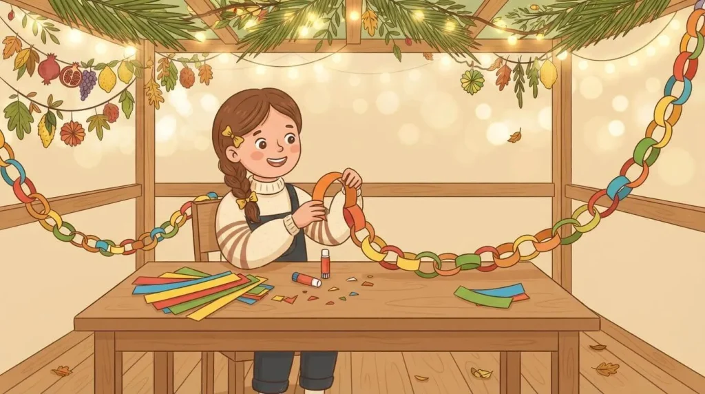 Child making a colourful paper chain sukkah decoration
