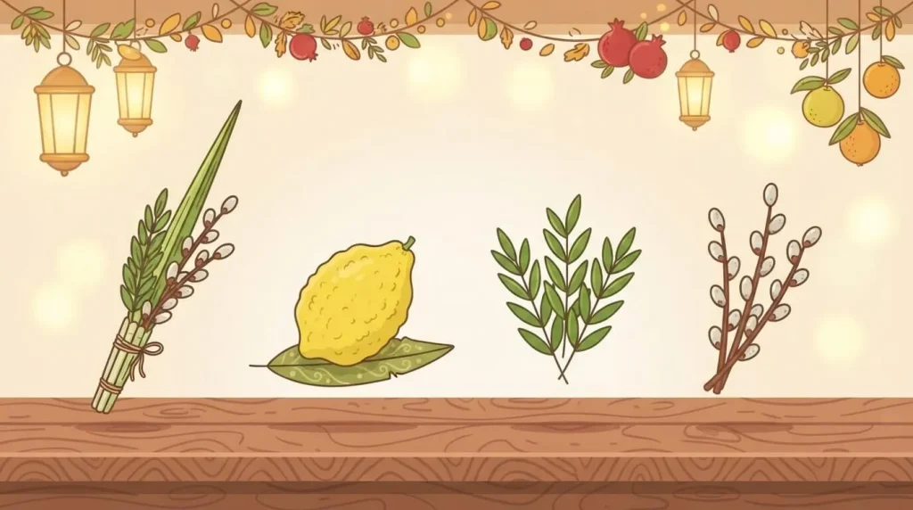 The four species of Sukkot arranged in a row for kids
