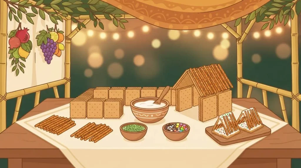 Ingredients for an edible sukkah craft laid out on a table