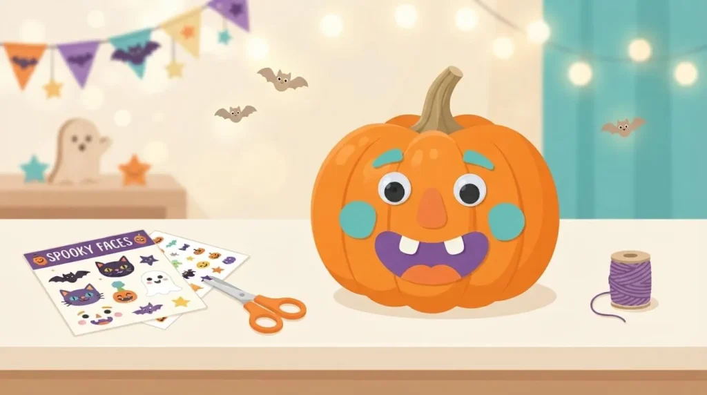 Stick on pumpkin face and googly eyes no carve idea
