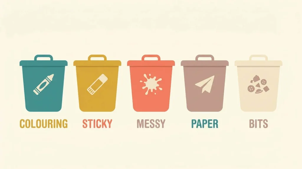 Kids craft supplies organised by type in labelled bins