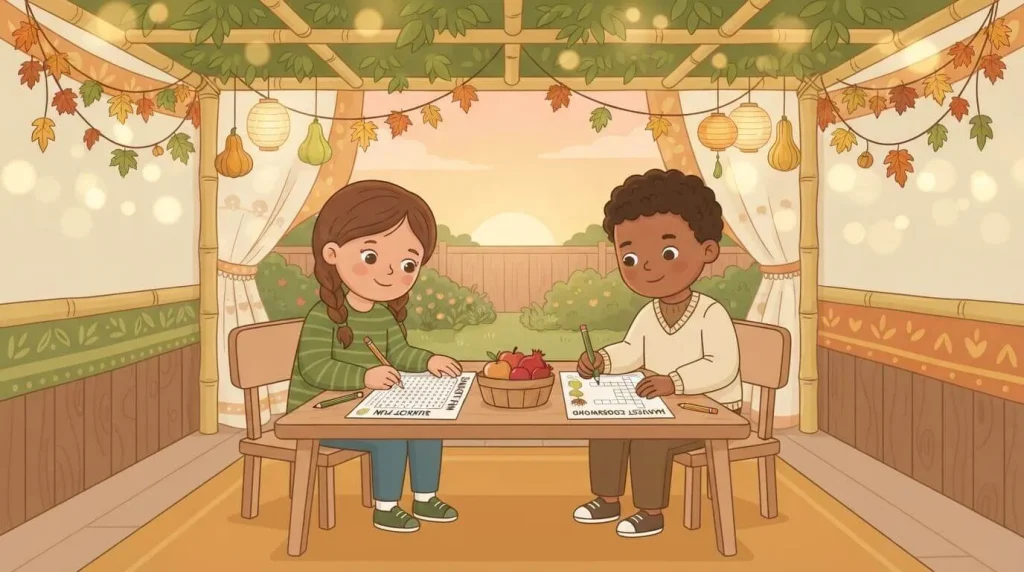 Kids doing a Sukkot word search and worksheets at the table
