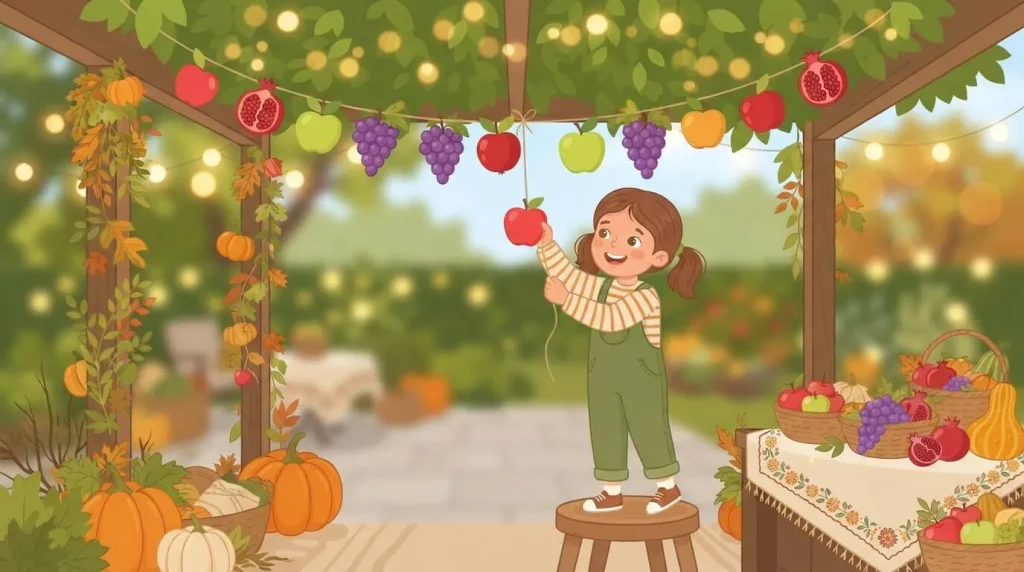 Printable hanging fruit garland strung across a sukkah roof
