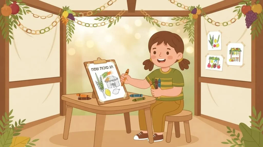 Child colouring a free printable Sukkot coloring page
