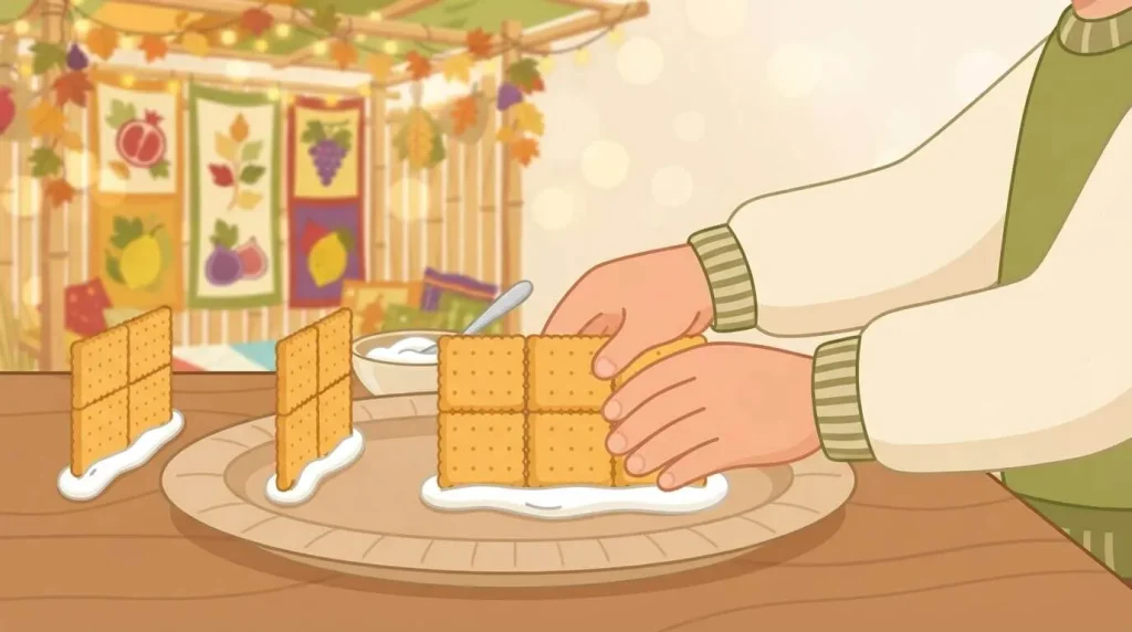 Child building the biscuit walls of an edible sukkah with icing