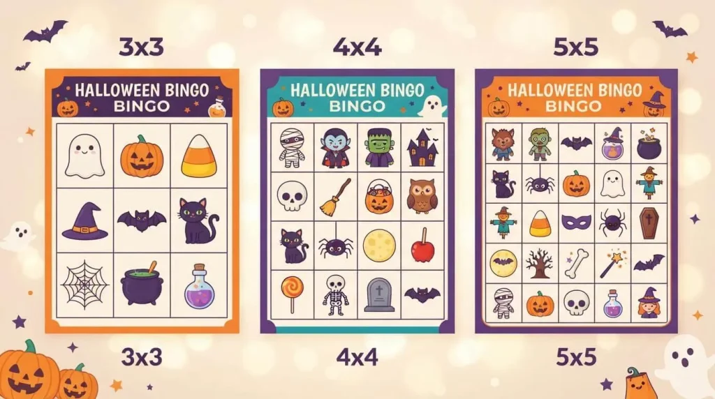 Halloween bingo cards in 3x3 4x4 and 5x5 sizes by age