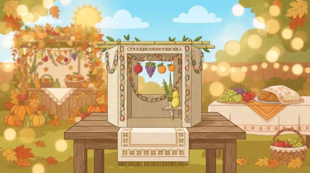 Decorated paper sukkah with paper chains and hanging fruit
