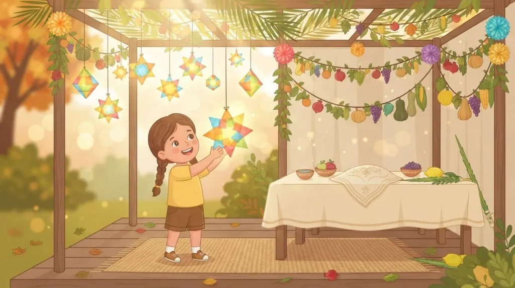 Tissue paper suncatcher glowing in the sukkah light
