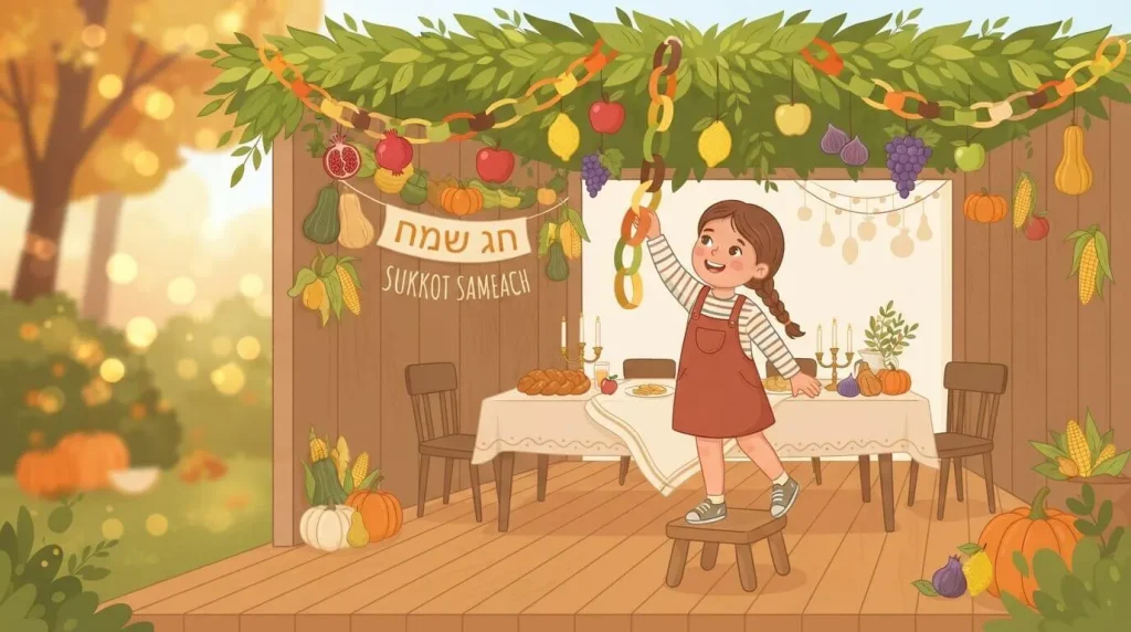 Printable sukkah decorations hanging from a leafy roof
