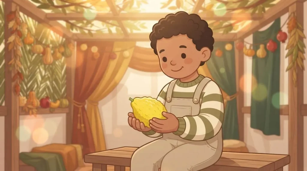 Etrog citron held in a child's hands at Sukkot
