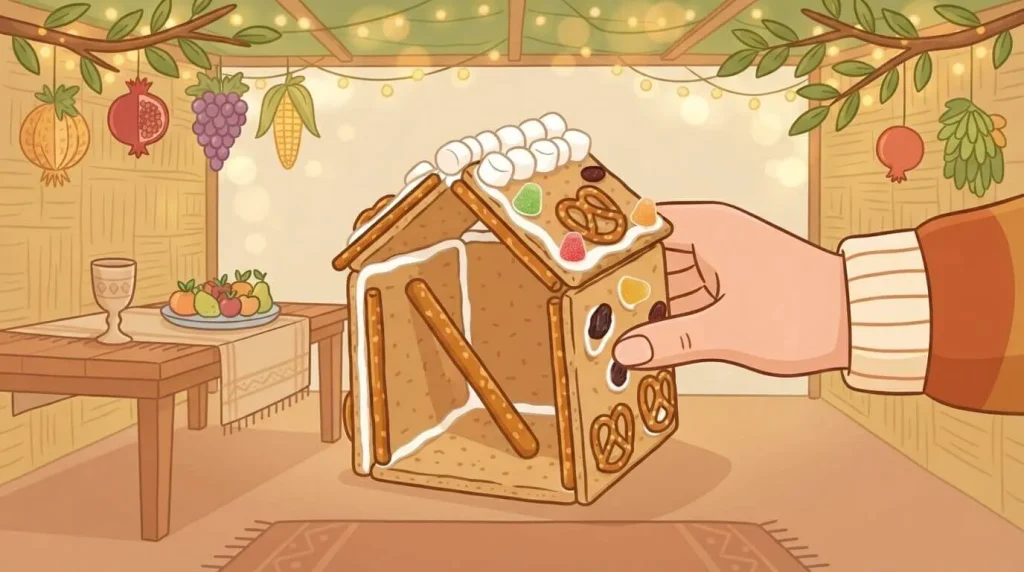 Propping a wobbly edible sukkah wall with a pretzel stick
