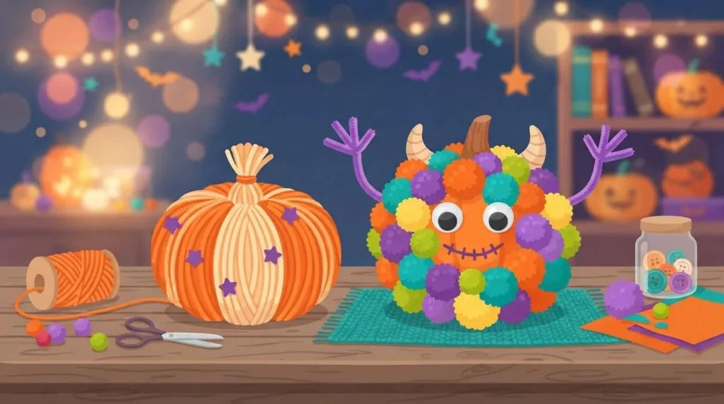 Yarn wrapped and pom pom monster no carve pumpkins
