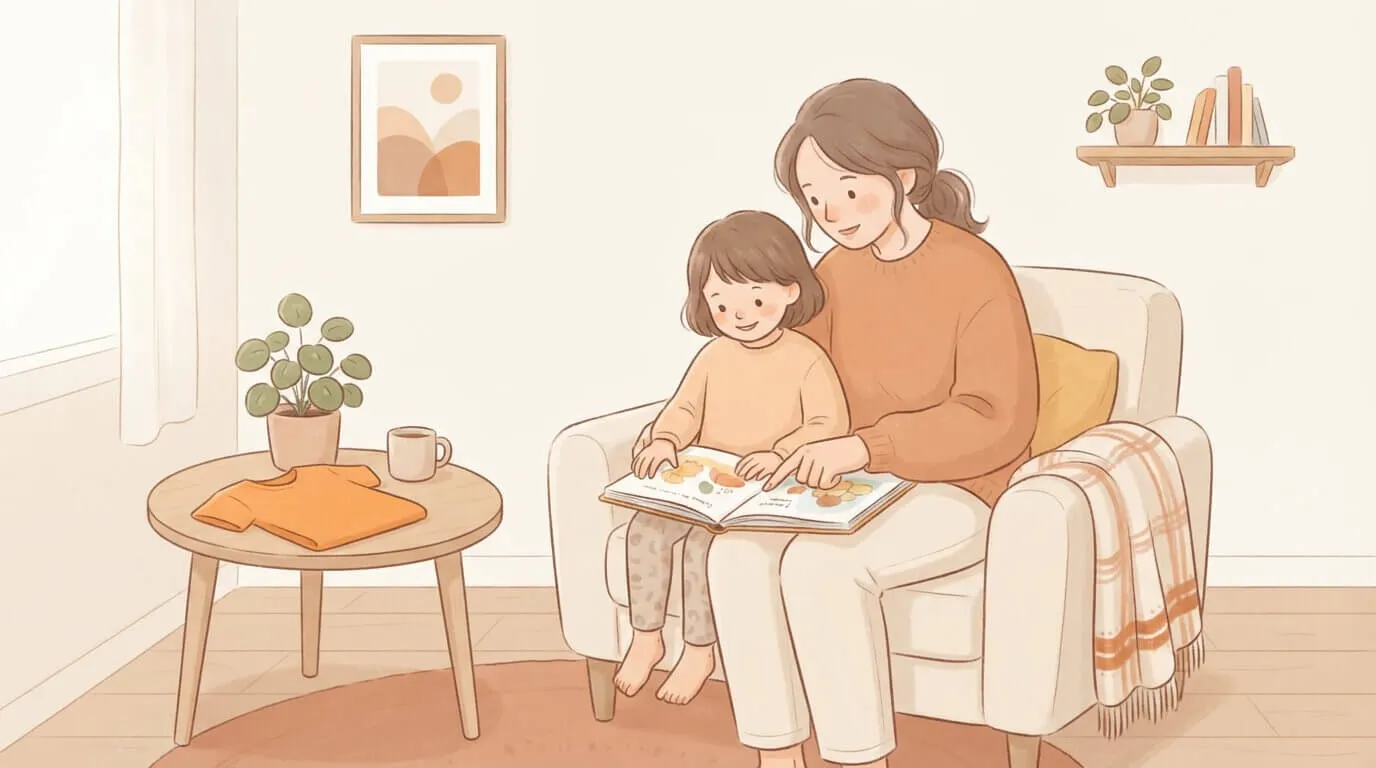 An adult and child reading a book about Orange Shirt Day
