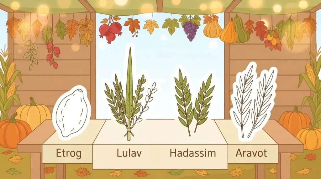 Four species Sukkot coloring and labelling page