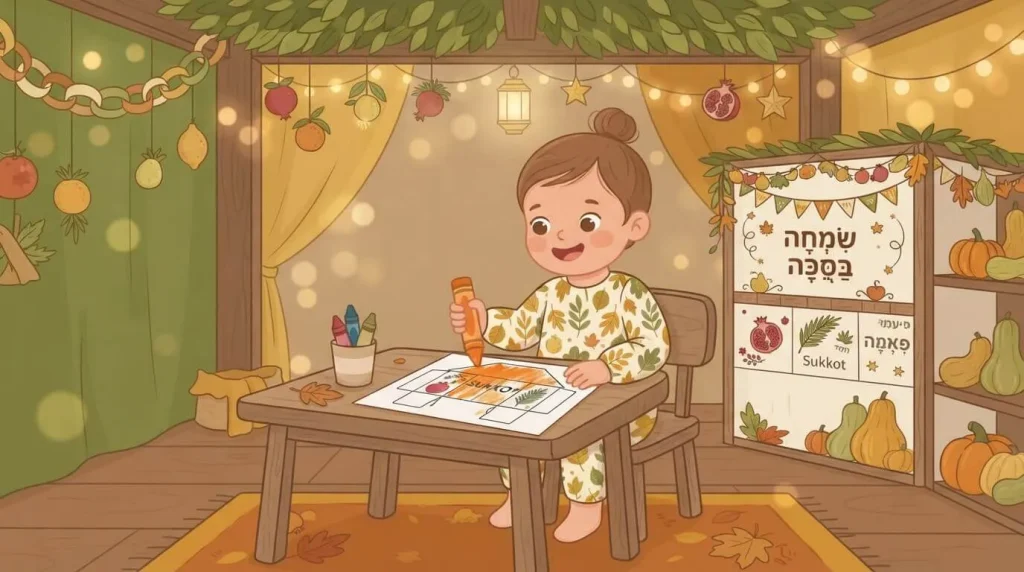 Toddler colouring a flat paper sukkah template
