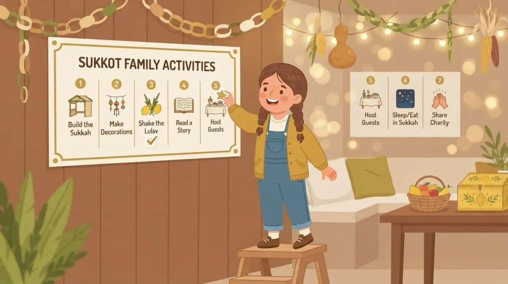 Seven day Sukkot activity chart with a sticker for each day
