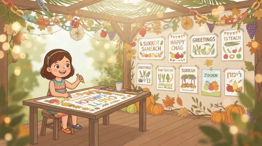 Child colouring a Chag Sameach poster for the sukkah wall
