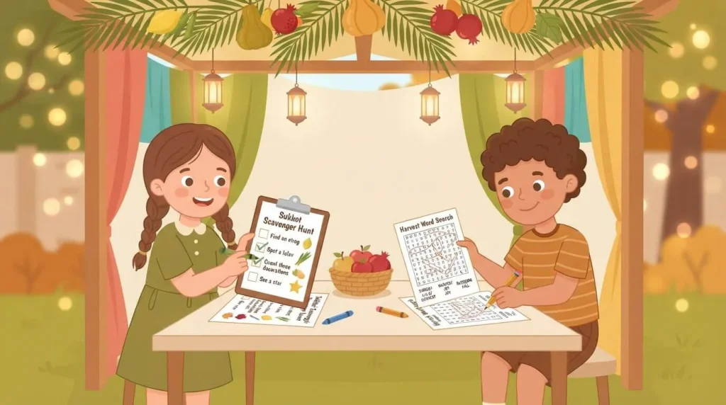 Kids working on free printable Sukkot activity sheets
