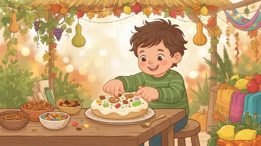 Toddler decorating a flat edible sukkah with sweets