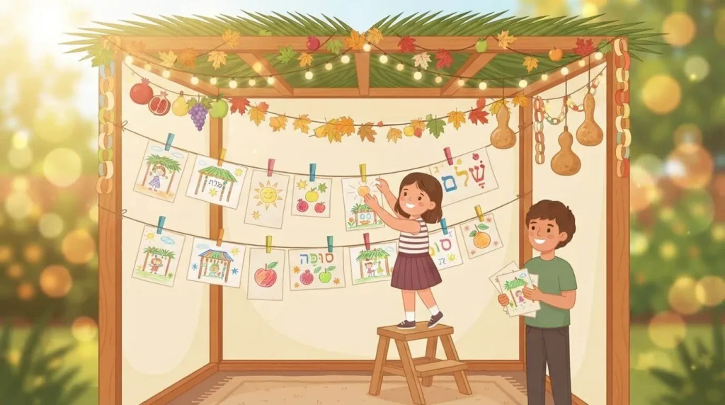Children's own drawings pegged up inside the sukkah
