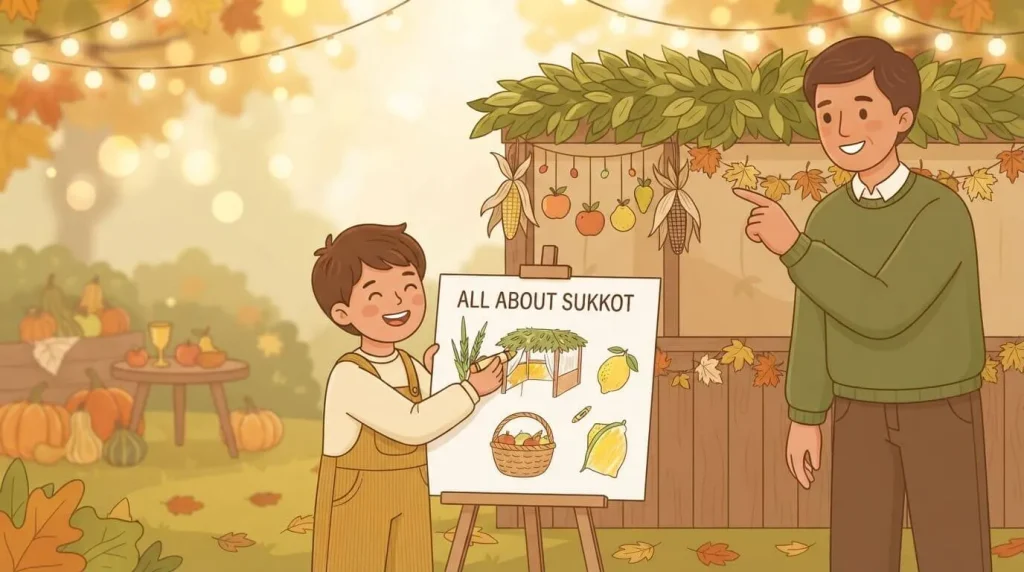 Child colouring an all about Sukkot explainer poster
