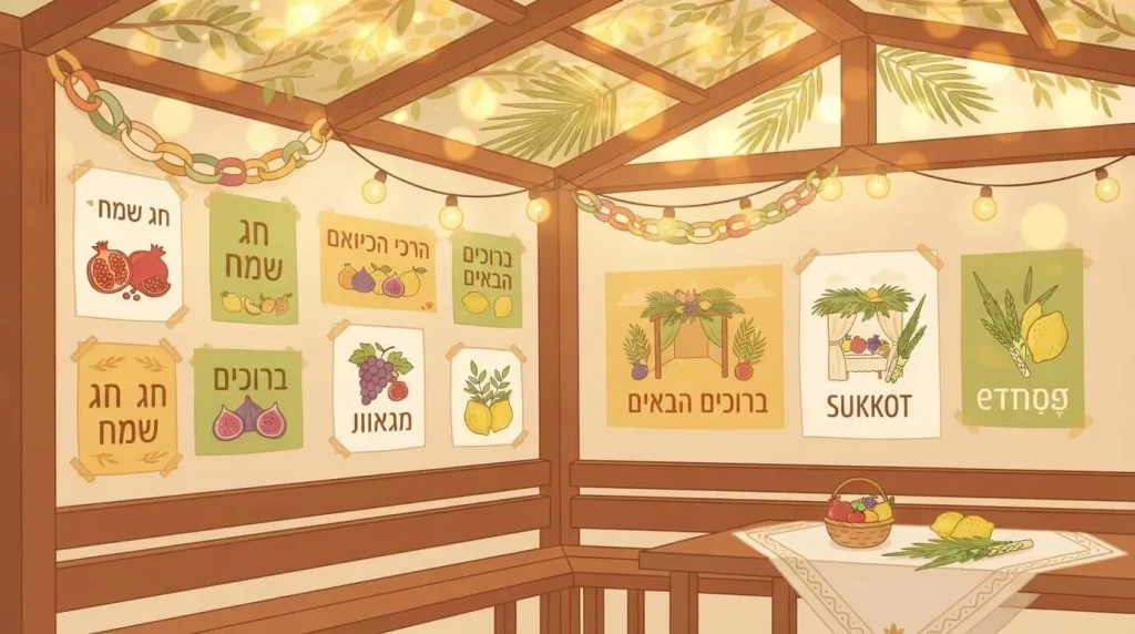 Coloured Sukkot pages used as sukkah decorations