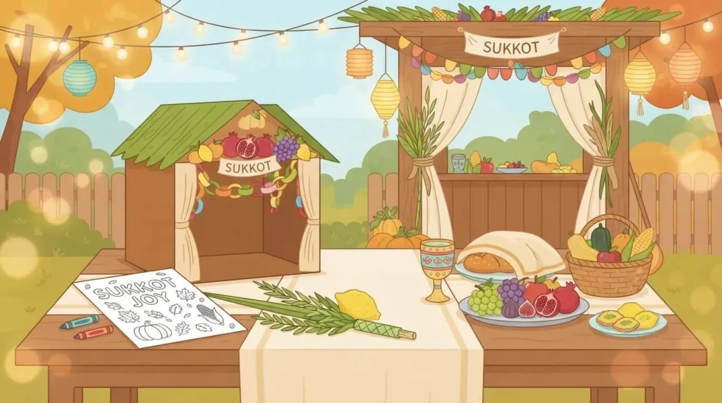 Paper sukkah with a lulav and coloring page Sukkot spread
