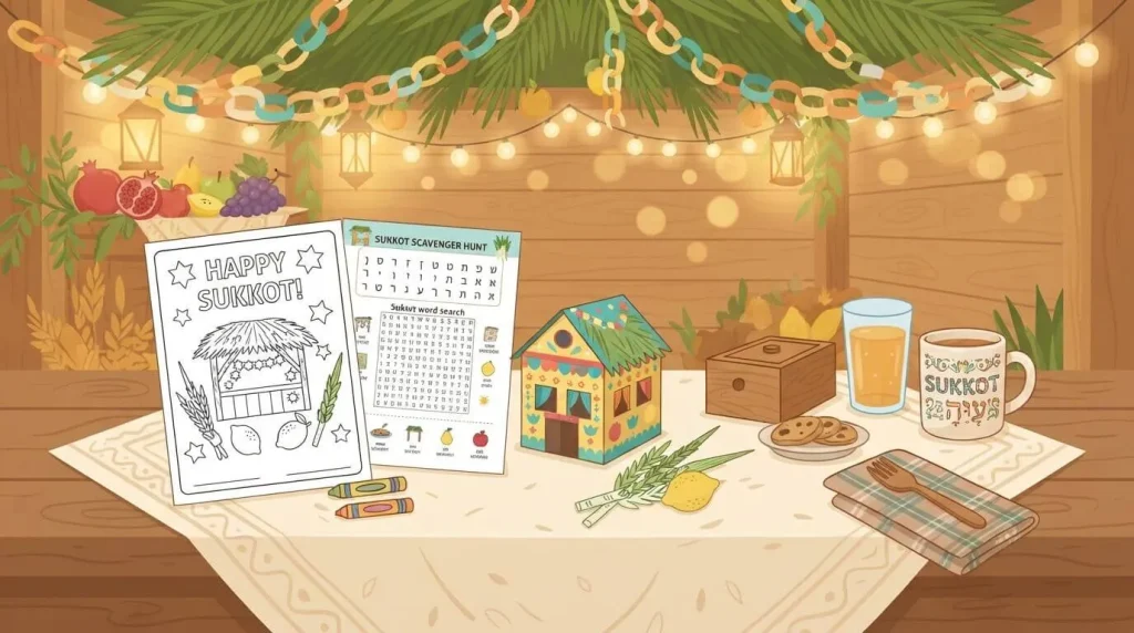 Sukkot spread with paper sukkah lulav coloring page and activity sheets
