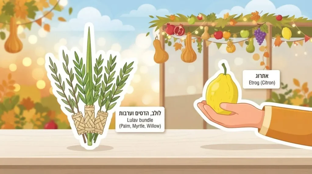 How the four species are held with palm myrtle and willow bundled
