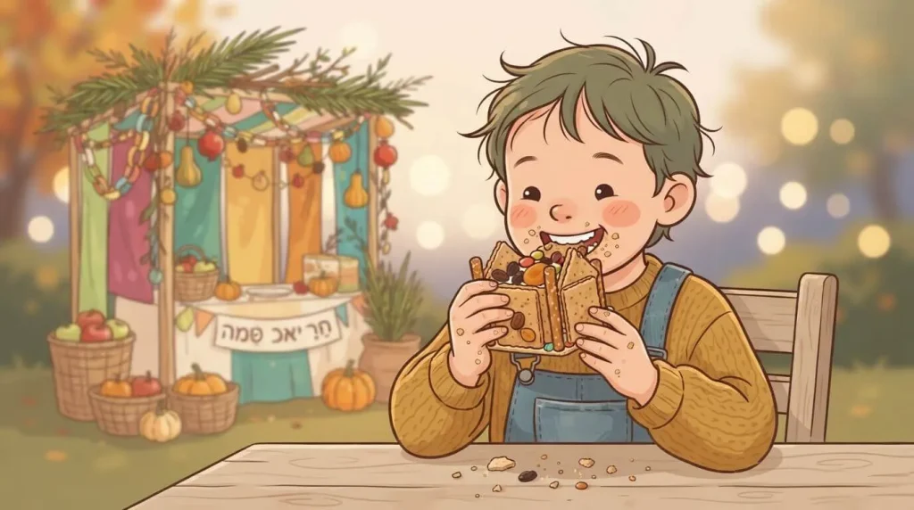 Child eating a piece of their edible sukkah