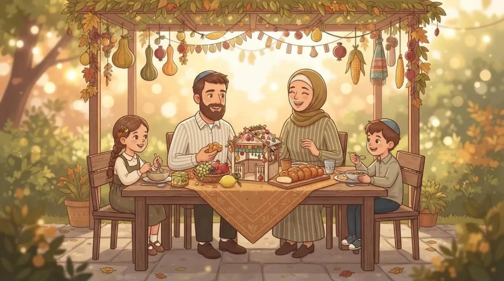 Family eating outdoors with a paper sukkah model