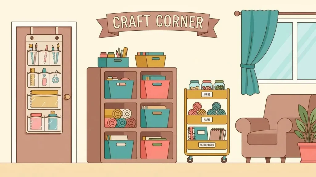 A small budget kids craft storage corner setup