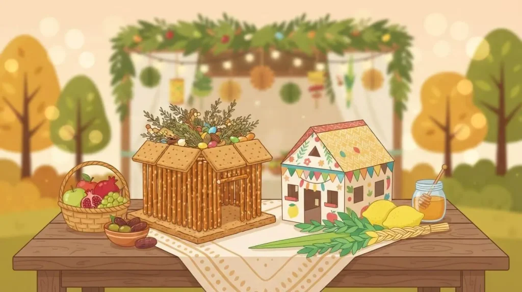 Edible sukkah beside a paper sukkah and lulav craft