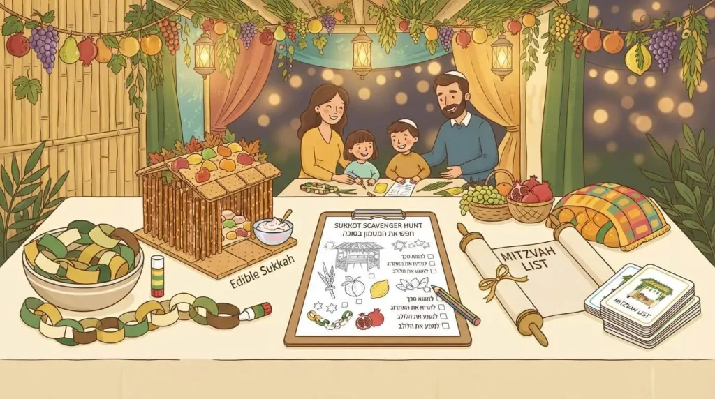 Fun Sukkot activities for kids spread on a table