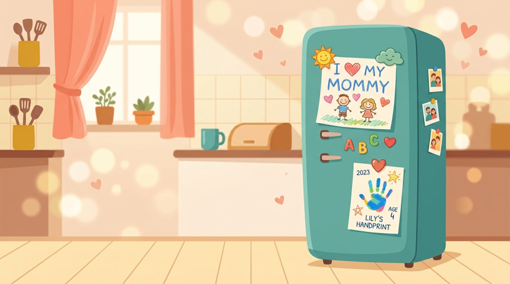 A child's handmade grandparents day card on the fridge