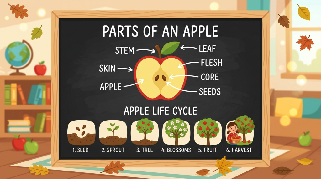 Apple life cycle and parts of an apple learning printables