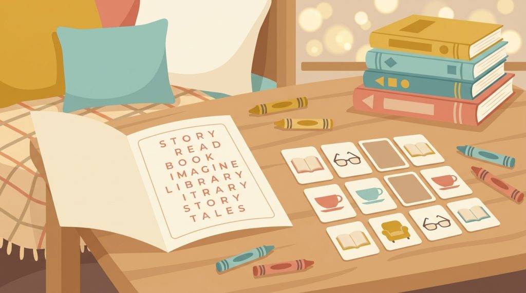 Book themed word search and memory game printables
