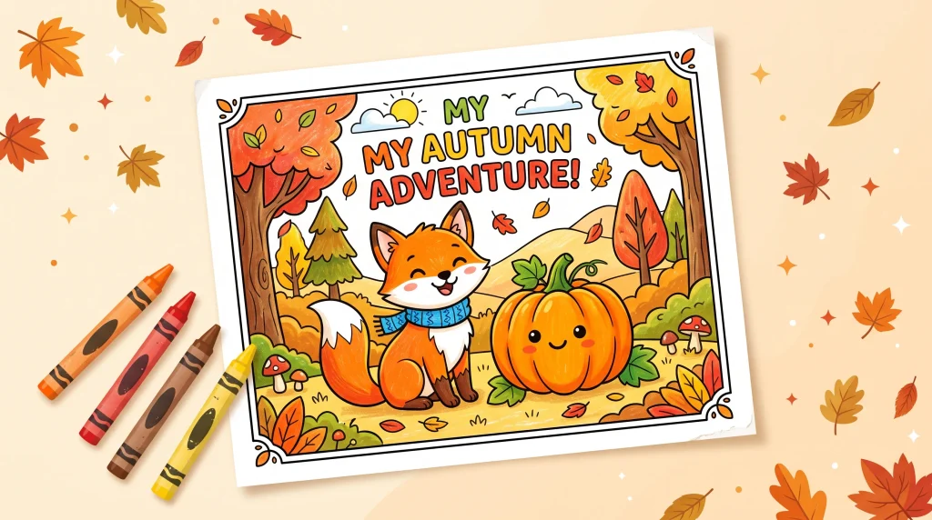 Fall coloring page for kids featuring a cute fox and pumpkin in an autumn scene
