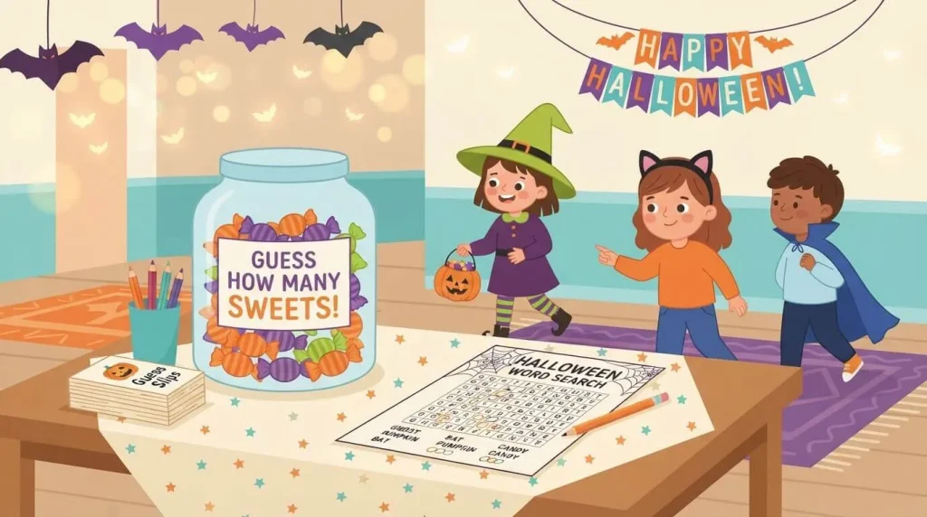 Halloween party arrival games guess how many and word search
