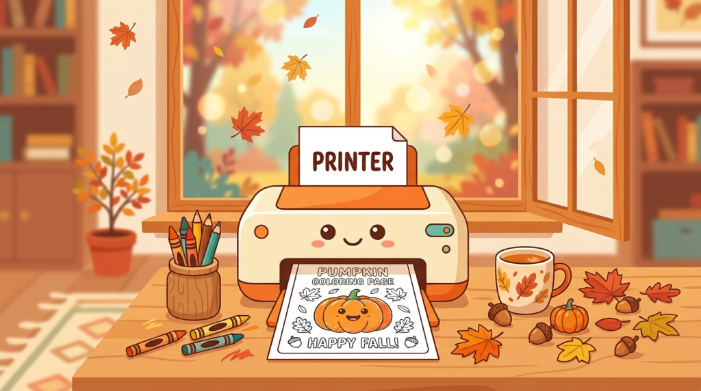 Printing a pumpkin coloring page at home with crayons