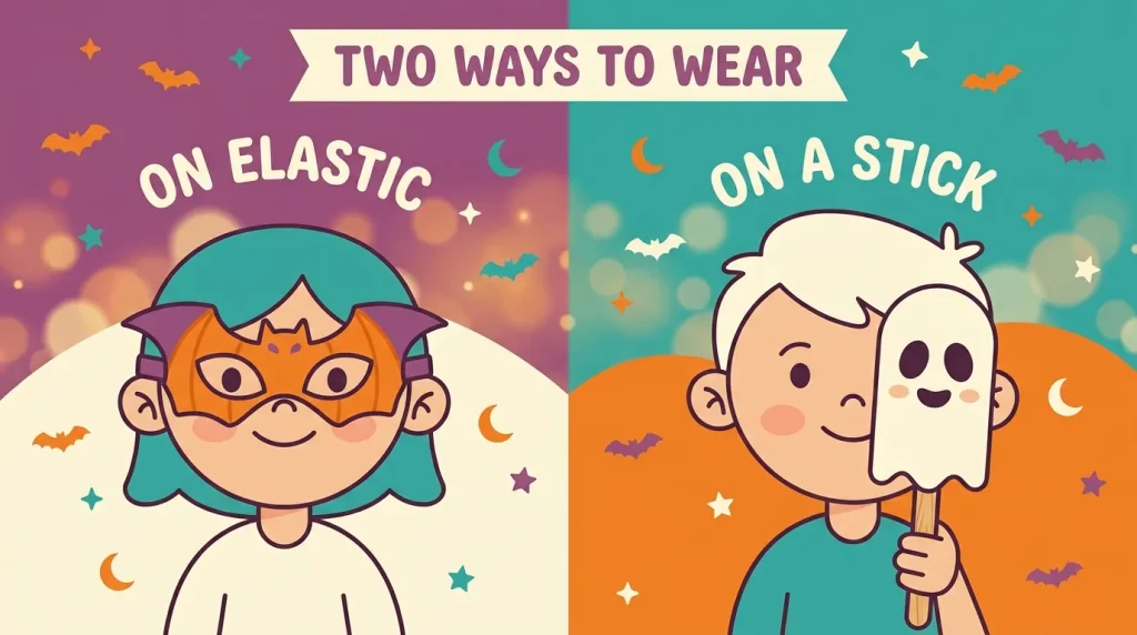 Two ways to wear a printable Halloween mask elastic or craft stick