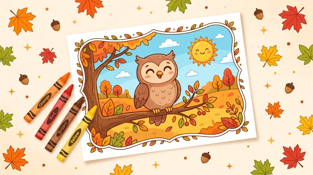 Colored autumn owl coloring page for kids on a tree branch with crayons