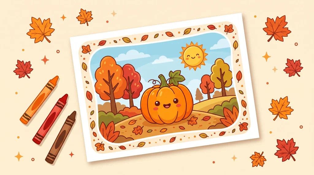 Colored fall pumpkin coloring page for kids with autumn trees and sunshine