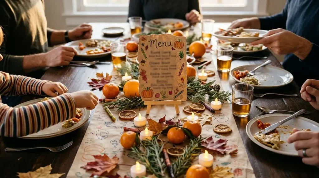 Child-decorated Thanksgiving menu card on a small easel